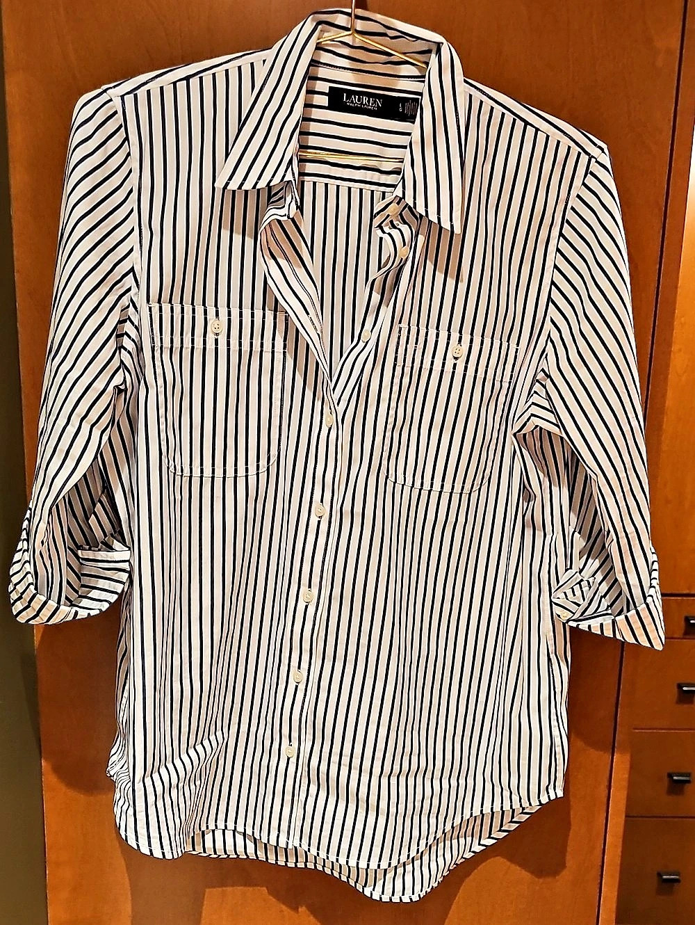 Ralph Lauren Striped Button Down Shirt in White & Blue Like New